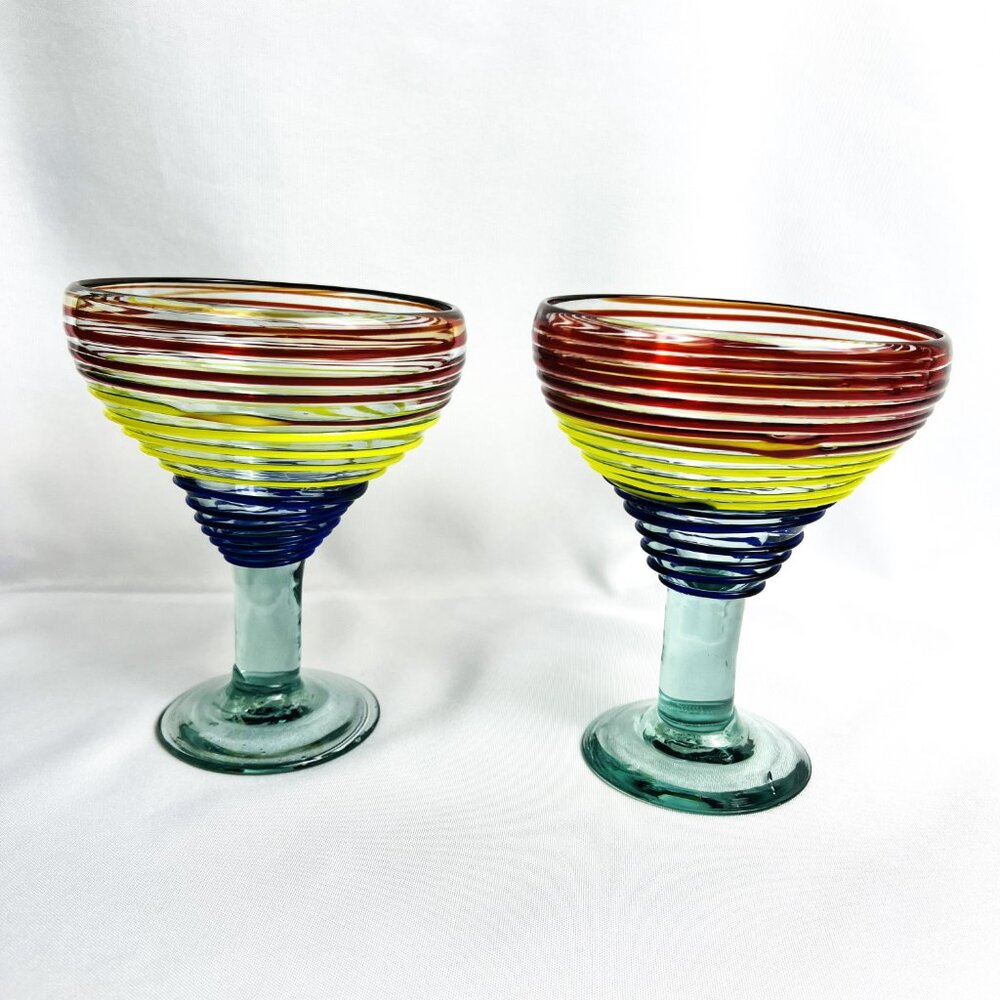 Mexican Hand-Blown Striped Margarita Glasses Heavy Large Barware 12 oz. Set of 2